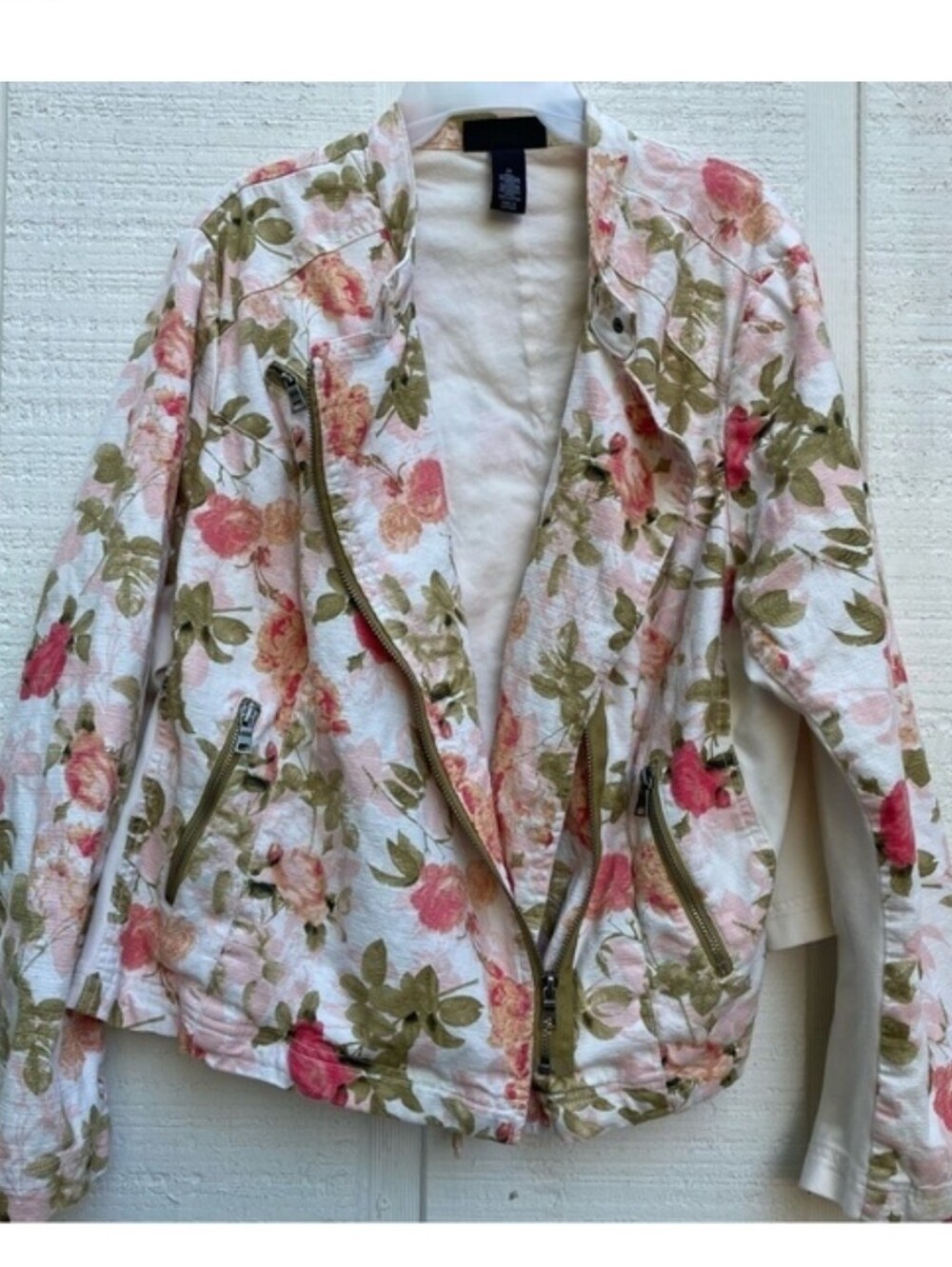 Lane Bryant Jacket Blazer Floral Print Cotton Denim Zip Stretch 24 Rose Moto